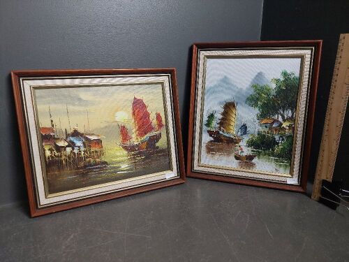 2 Asian Fishing Scene Paintings