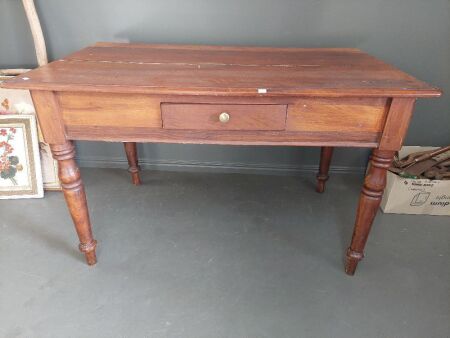 Small Vintage Farmhouse Table with Single Drawer on Turned Legs