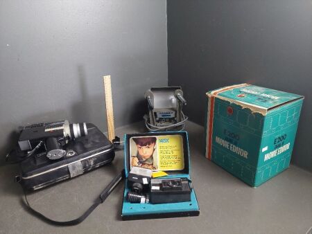 Camera/Projector Lot inc. Hanimex Loadmatic X-50, Hanimex E200 Movie Editor, and Cannon Auto Zoom 518 SV Supoburb Video Camera