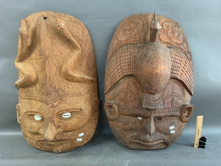 2 Large Carved PNG Masks with Shell Eyes 1 With Snake Motif, 1 Frigate Bird