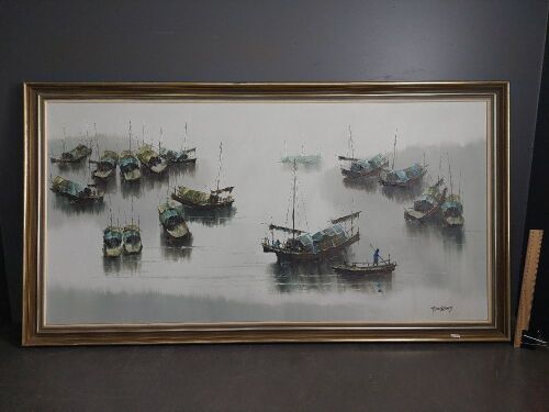 Large Asian Boat Scene Oil on Board signed Tom Wong