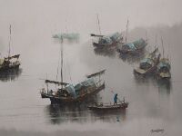 Large Asian Boat Scene Oil on Board signed Tom Wong - 4