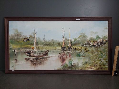 Asian Boat Scene Oil on Canvas