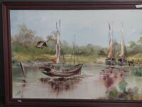 Asian Boat Scene Oil on Canvas - 2