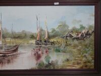 Asian Boat Scene Oil on Canvas - 3