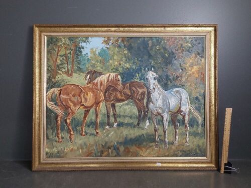 Horses Grazing Oil on Board - signed L J Atkins 76