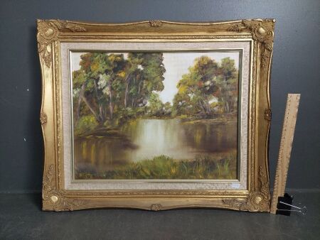 River Scene in ornate frame oil on board signed B Morgan