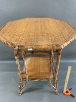 Vintage Octagonal Leopard Cane Table with Original Rush Mat Top and Turned Brass Fittings - 2