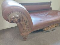 Carved Antique Leather Chaise on Turned Legs - 2