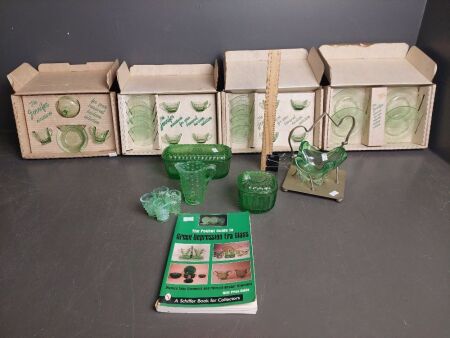 4x Mosser Glass (Ohio) Jennifer Set Collections in original boxes + assorted Green Glass and The Pocket Guide to Green Depression Era Glass