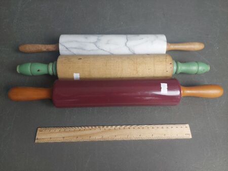 3 Vintage Rolling Pins - 1 Wooden, 1 Marble, 1 Porcelain marked Counter Art