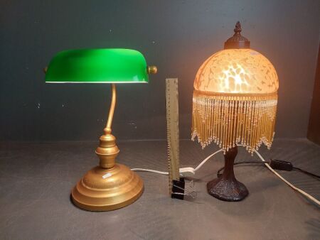 Beaded Tiffany Style Metal Base Table Lamp with Sheded Bankers Lamp