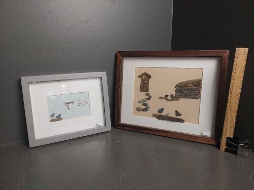 2 Framed Artworks made with Rocks and Driftwood - Beach Day and The Great Outdoors