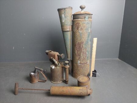 Vintage Sievert Swedish Gas Blower, Shell Tox Bug Sprayer, Misc Smoker & Small Antique Blower