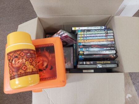 Box of Assorted DVDs + Lion King Lunch Box Drink Bottle