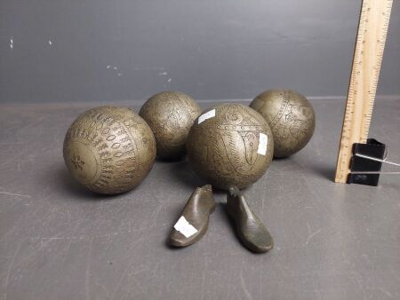 4 Vintage Decorator Balls with Pair Brass Foot Paper Weights