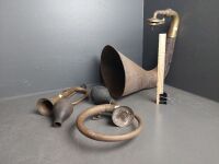 Antique Gramaphone Trumpet & 2 Brass Car Horns