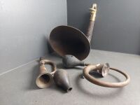 Antique Gramaphone Trumpet & 2 Brass Car Horns - 2