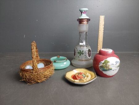 Decorator lot with glowing Egg Basket, Hanpainted Vase, Asian Tea Container & Mid Century Ash Tray