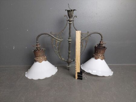 Antique Dual Hanging with Cloudy Glass Shades Graetzin-Licht D.R.P.126135