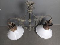 Antique Dual Hanging with Cloudy Glass Shades Graetzin-Licht D.R.P.126135 - 2