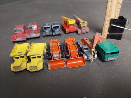 Assorted Vintage Lesney Die Cast Model Trucks, Cranes, and Enloaders