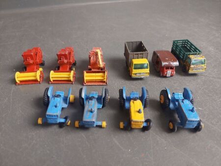 Assorted Vintage Lesney Die Cast Model Combine Harvesters, Trucks, and Tractors