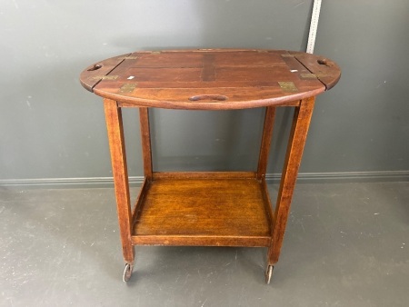 Antique Oval Tea Trolley with Foldable Sides & Brass Latches