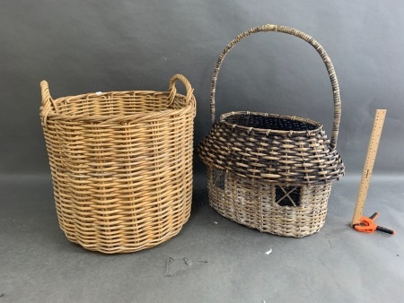 Large Vintage Woven Wicker Basket with Windows + Wicker Firewood Basket