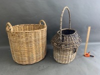 Large Vintage Woven Wicker Basket with Windows + Wicker Firewood Basket - 2
