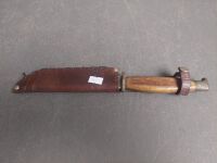 Unmarked wooden handle with brass tip knife in leather sheath - 4