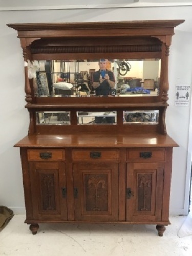 Vintage Silky Oak Mirrored Sideboard with Carved Doors