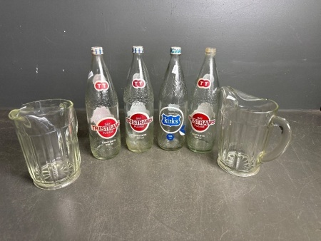 Vintage Tristrams & Kirks Bottles With Vintage Beer Jugs