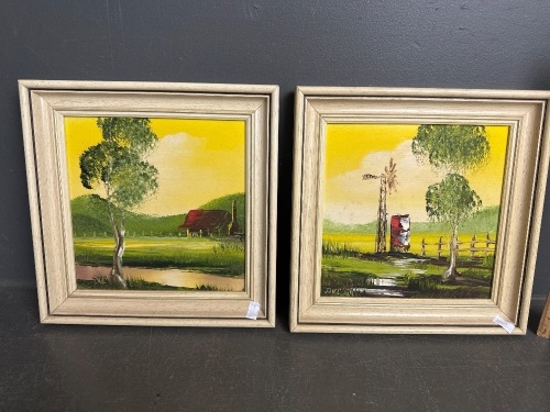 Pair of original oil on board farm scenes - signed