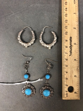 2 Pairs of Tribal Silver Earrings - 1 Hoops + 1 Drops with Turquoise
