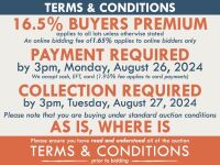 TERMS AND CONDITIONS: 16.5% BUYERS PREMIUM APPLIES TO ALL AUCTION LOTS UNLESS ADVISED (An additional 1.65% fee applies to online bidders) | PAYMENT REQUIRED by 3pm, Monday, August 26, 2024 - We accept cash, EFT, card (1.95% fee applies to card payments) |