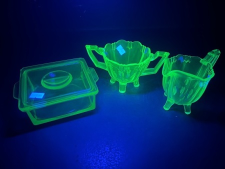 2 Uranium Glass Jugs and Butter Dish