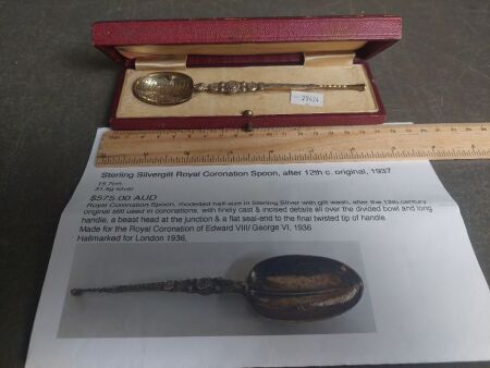 George V1 & Elizabeth Crowned May 12 1937 Stirling Slivergilt Coronation Spoon Hallmarked