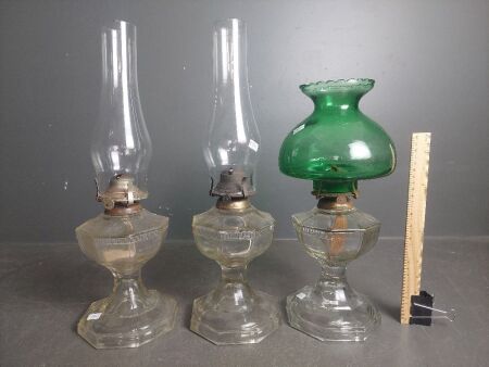 3 Vintage Clear Glass Kerosene Lamps 1 w Green Glass Shade