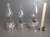 3 Clear Glass Kerosene Lamps w. Rare Marriage Lamp