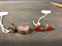 Sterling Silver Carnelian Earrings & Rose Quartz & Garnet Pendant - 2
