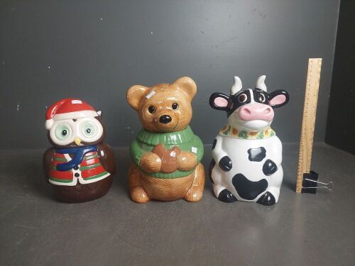 3 Novelty Biscuit Jars - Bear, Christmas Owl & Happy Cow