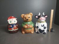 3 Novelty Biscuit Jars - Bear, Christmas Owl & Happy Cow