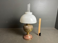 Decorative Brass U.S Made Oil Lamp with White Glass Shade, and Chimney