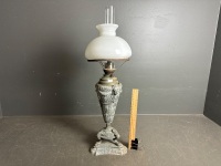 Tall Decorative Brass Oil Lamp with White Glass Shade, and Chimney