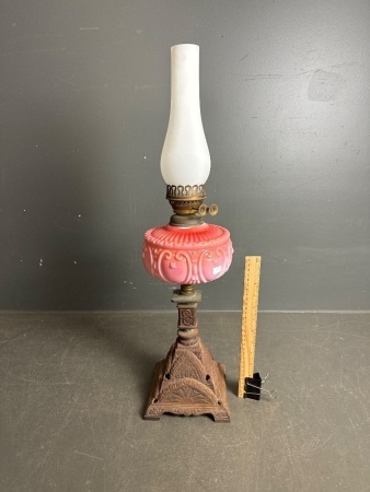 Vintage E.M and Co Duplex Oil Lamp with Pink Glazed Ceramic Font and Smoke Glass Chimney on Cast Iron Base