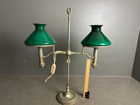 Vintage Metal and Brass Adjustable Bankers/Student Oil Lamp with Green Glass Shades - Converted to Electric