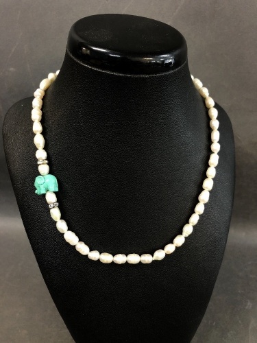 Freshwater Pearl Necklace with Blue Elephant