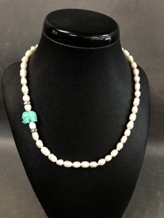 Freshwater Pearl Necklace with Blue Elephant