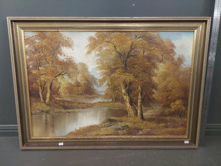 Framed Painting Depicting Trees and Creek signed Hansen